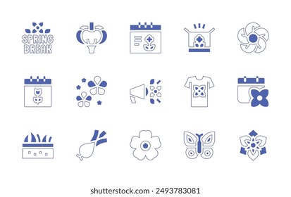 Spring icon set. Duotone style line stroke and bold. Vector illustration. Containing cherryblossom, spring, grass, amaryllis, butterfly, onion, calendar, announce, tshirt.