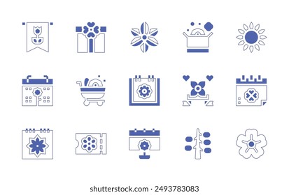 Spring icon set. Duotone style line stroke and bold. Vector illustration. Containing spring, springbreak, springstarflower, sunflower, giftbox, package, shoppingcart, banner.