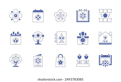 Spring icon set. Duotone style line stroke and bold. Vector illustration. Containing springnotebook, springsales, spring, box, appletree, tulips, invitation, forest.