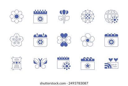 Spring icon set. Duotone style line stroke and bold. Vector illustration. Containing flower, butterfly, spring, clover, sakura, ground, calendar, sunflower, globe.