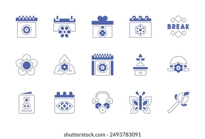 Spring icon set. Duotone style line stroke and bold. Vector illustration. Containing springbreak, spring, bougainvillea, calendar, adeniumobesum, plant, giftbox, hat, springtime.