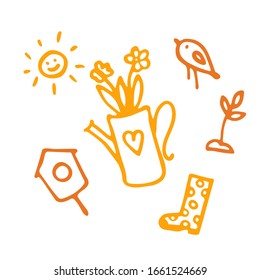 Spring icon set in hand drawn style. Gardening cute collection of design elements, isolated on white background. Nature clip art.