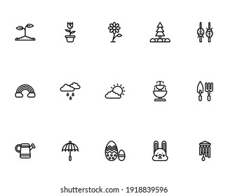 Spring Icon Set with Plant a Tree, Flower, Lady Bug, Rainbow, Umbrella, Rabbit Icon