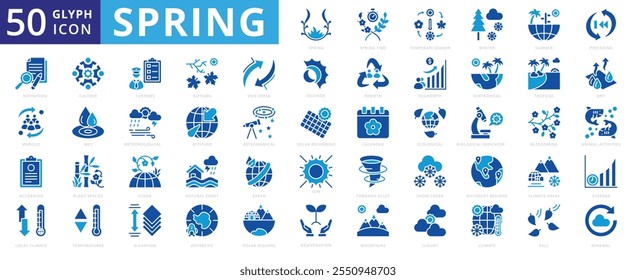 Spring icon set with regrowth, renewal, summer, spring, winter, calendar, sun, autumn, earth, tropical, mountains, fall, climate, culture, ecological, flora, dry, astronomical, subtropical, and season