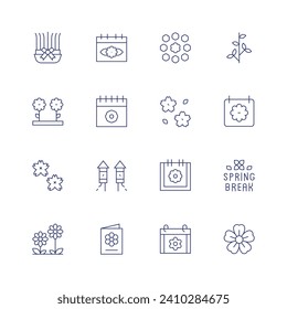 Spring icon set. Thin line icon. Editable stroke. Containing sabzeh nowruz, calendar, flowers, sakura, fireworks, invitation, lantana, tree branch, spring, spring break.