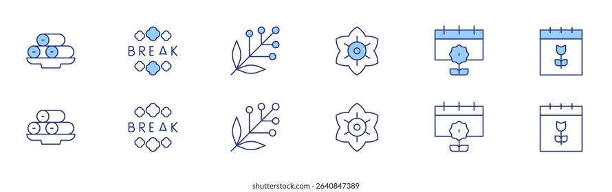 Spring icon set in two styles, Duotone and Thin Line style. Editable stroke. spring roll, flower, spring break, spring, acacia.