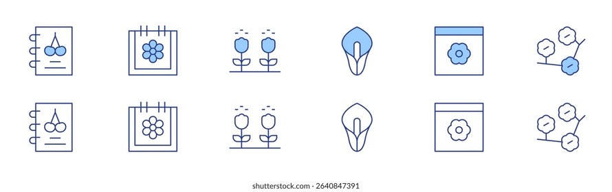 Spring icon set in two styles, Duotone and Thin Line style. Editable stroke. spring notebook, calla lily, calendar, pollination, cherry blossom.