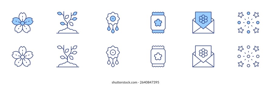 Spring icon set in two styles, Duotone and Thin Line style. Editable stroke. sakura, seeds, sprout, invitation, brooch, firework.
