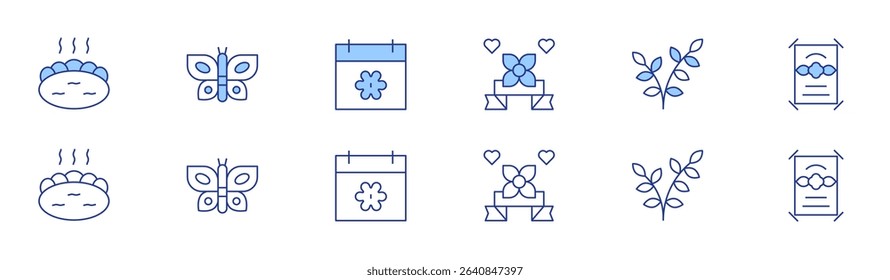 Spring icon set in two styles, Duotone and Thin Line style. Editable stroke. hot spring, spring break, butterfly, willow, spring.