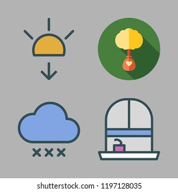spring icon set. vector set about sunset, rain, window and ecologism icons set.