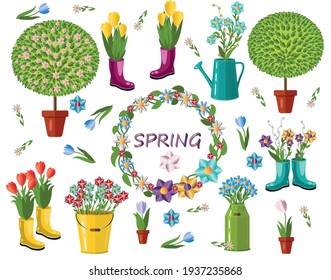 Spring icon stickers set. Vector illustration.