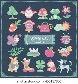 spring icons of animals and plants