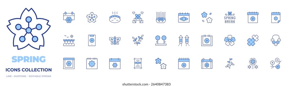 Spring icons collection. Line Duotone style, editable stroke. springtime, spring, hot spring, spring break, flowers, calendar, sakura, collar, plant, butterfly.