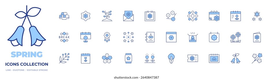 Spring icons collection. Line Duotone style, editable stroke. spring roll, flower, sakura, seeds, spring notebook, calla lily, box, calendar, flowers, dandelion.