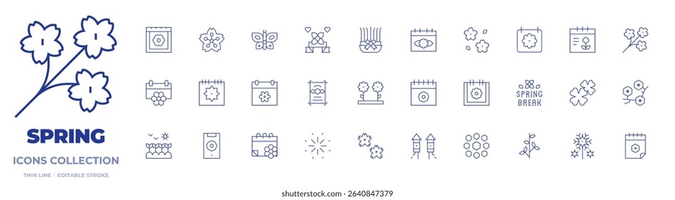 Spring icons collection. Thin Line icons, editable stroke. springtime, sabzeh nowruz, dandelion, calendar, flowers, mobile phone, cherry blossom, plant.