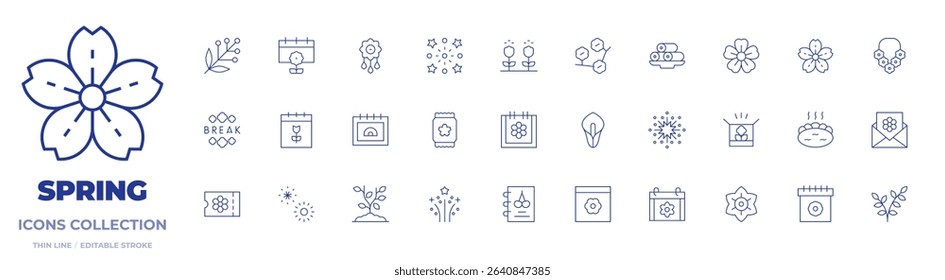 Spring icons collection. Thin Line icons, editable stroke. sprout, firework, calendar, seeds, brooch, cherry blossom, fireworks, sakura, box, collar, acacia.