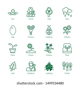spring icons. Editable 16 spring icons. Included icons such as Sun, Florist, Tree, Rain, Egg, Flowers, Ladybug, Plant, Flower, Leaf, Gardener, Forest. spring trendy icons for web.