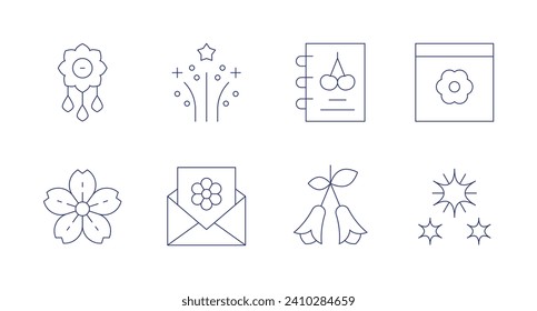 Spring icons. Editable stroke. Containing brooch, fireworks, sakura, invitation, spring notebook, flower, dandelion, calendar.