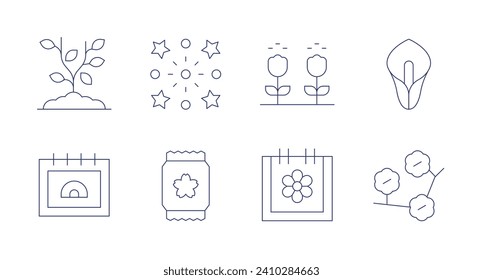 Spring icons. Editable stroke. Containing sprout, firework, calendar, seeds, pollination, calla lily, cherry blossom.
