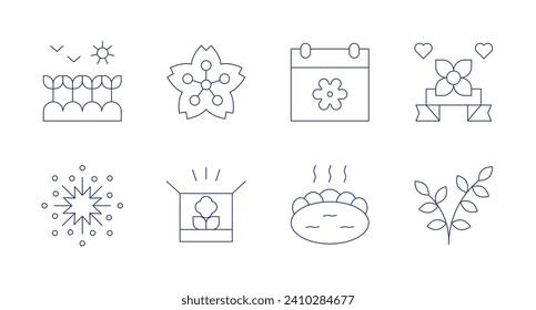 Spring icons. Editable stroke. Containing plant, sakura, fireworks, box, spring, spring break, hot spring, willow.