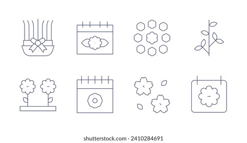 Spring icons. Editable stroke. Containing sabzeh nowruz, calendar, flowers, lantana, tree branch, sakura, spring.