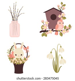 Spring icons. Flowers and animals. Four vector illustrations. Eps 10