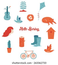 Spring icons include birdhouse, bike, girl, rubber boots, log, plant, cat, kite flying, nest, guitar. Vector illustration.