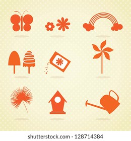 Spring Icons (orange set) On vintage background