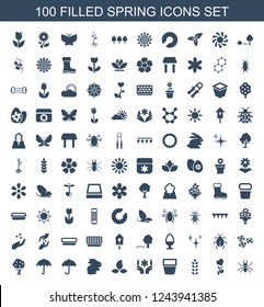 spring icons. Set of 100 filled spring icons included beetle, heart flower, plant, pot for plants, flower on white background. Editable spring icons for web, mobile and infographics.