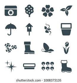 Spring icons. set of 16 editable filled spring icons such as tree, boot, nesting house, leaf, flower, umbrella, butterfly, clean, pot for plants