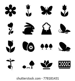 Spring icons. set of 16 editable filled spring icons such as butterfly, tulip, pot for plants, flower, sprout, heart flower, easter egg, tree, rabbit
