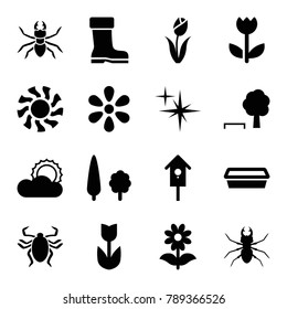 Spring icons. set of 16 editable filled spring icons such as beetle, flower, tree and bench, pot for plants, nesting house, sun, tree, boot