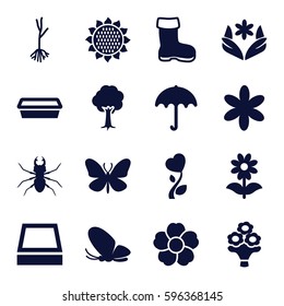 spring icons set. Set of 16 spring filled icons such as sunflower, boot, butterfly, beetle, umbrella, flower, pot for plants, tree, sprout, heart flower, bouquet flower