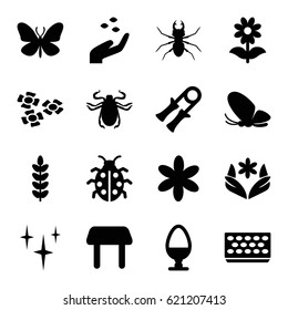 Spring icons set. set of 16 spring filled icons such as hand with seeds, butterfly, beetle, table, flower, clean, pot for plants, ladybug, egg, sport expander