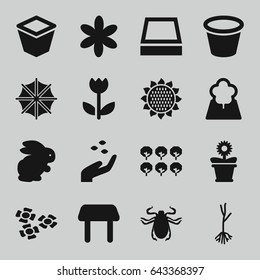 Spring icons set. set of 16 spring filled icons such as rabbit, sunflower, tree, hand with seeds, beetle, table, flower, pot for plants, flower pot, sprout, square plant pot