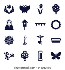 Spring icons set. set of 16 spring filled icons such as tree, butterfly, flower, plowing tool, pot for plants, nesting house, sprout, bouquet flower, sun, umbrella