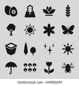 Spring icons set. set of 16 spring filled icons such as tree, butterfly, beetle, umbrella, flower, clean, pot for plants, easter egg, sun