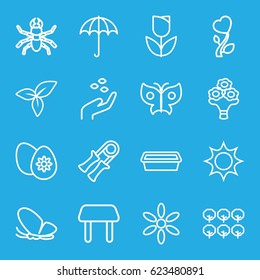 Spring icons set. set of 16 spring outline icons such as umbrella, butterfly, beetle, tree, hand with seeds, table, sun, pot for plants, leaf, heart flower, easter egg