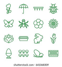 Spring icons set. set of 16 spring outline icons such as umbrella, butterfly, beetle, rabbit, sunflower, tree, flower, plowing tool, pot for plants, ladybug, heart flower