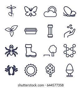 Spring icons set. set of 16 spring outline icons such as butterfly, beetle, tree, boot, hand with seeds, pot for plants, sprout, leaf, sun, egg, spring rotate, tree and bench