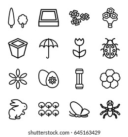 Spring icons set. set of 16 spring outline icons such as umbrella, butterfly, beetle, rabbit, tree, sun, pot for plants, flower, ladybug, easter egg, bouquet flower