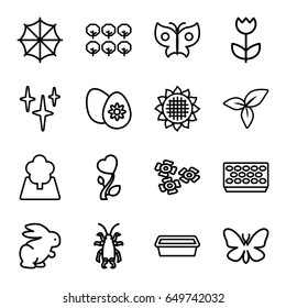 Spring icons set. set of 16 spring outline icons such as butterfly, beetle, rabbit, sunflower, tree, clean, pot for plants, leaf, heart flower, easter egg, flower