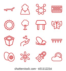 Spring icons set. set of 16 spring outline icons such as butterfly, hand with seeds, table, sun, plowing tool, pot for plants, tree, easter egg, spring rotate