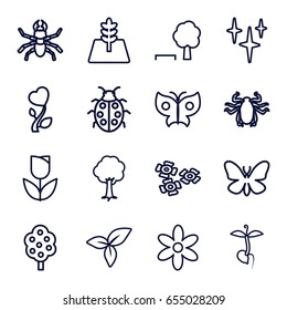 Spring icons set. set of 16 spring outline icons such as butterfly, beetle, tree, flower, clean, ladybug, sprout, leaf, heart flower, tulip