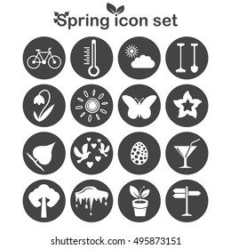 Spring icons set, 16 vector icons on dark round pads, 2d vector illustration, eps 8
