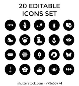 Spring icons. set of 20 editable filled spring icons such as sunflower, butterfly, beetle, pot for plants, flower, sprout, sun. best quality spring elements in trendy style.