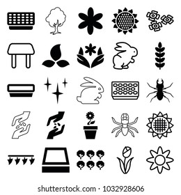 Spring icons. set of 25 editable filled and outline spring icons such as sunflower, tree, beetle, flower, clean, plant, square plant pot, rabbit, table, pot for plants