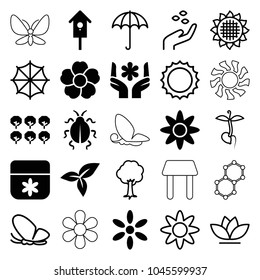 Spring icons. set of 25 editable filled and outline spring icons such as tree, sun, flower, nesting house, leaf, sunflower, hand with seeds, umbrella, butterfly, sprout, table