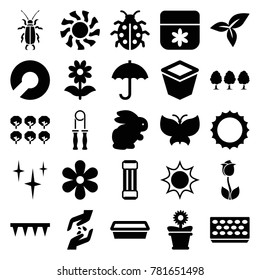 Spring icons. set of 25 editable filled spring icons such as rabbit, tree, flower, clean, sun, expander sport, plowing tool, pot for plants, flower pot, ladybug, leaf
