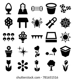 Spring icons. set of 25 editable filled spring icons such as tree, table, flower, sun, sport expander, plowing tool, pot for plants, flower pot, square plant pot, egg
